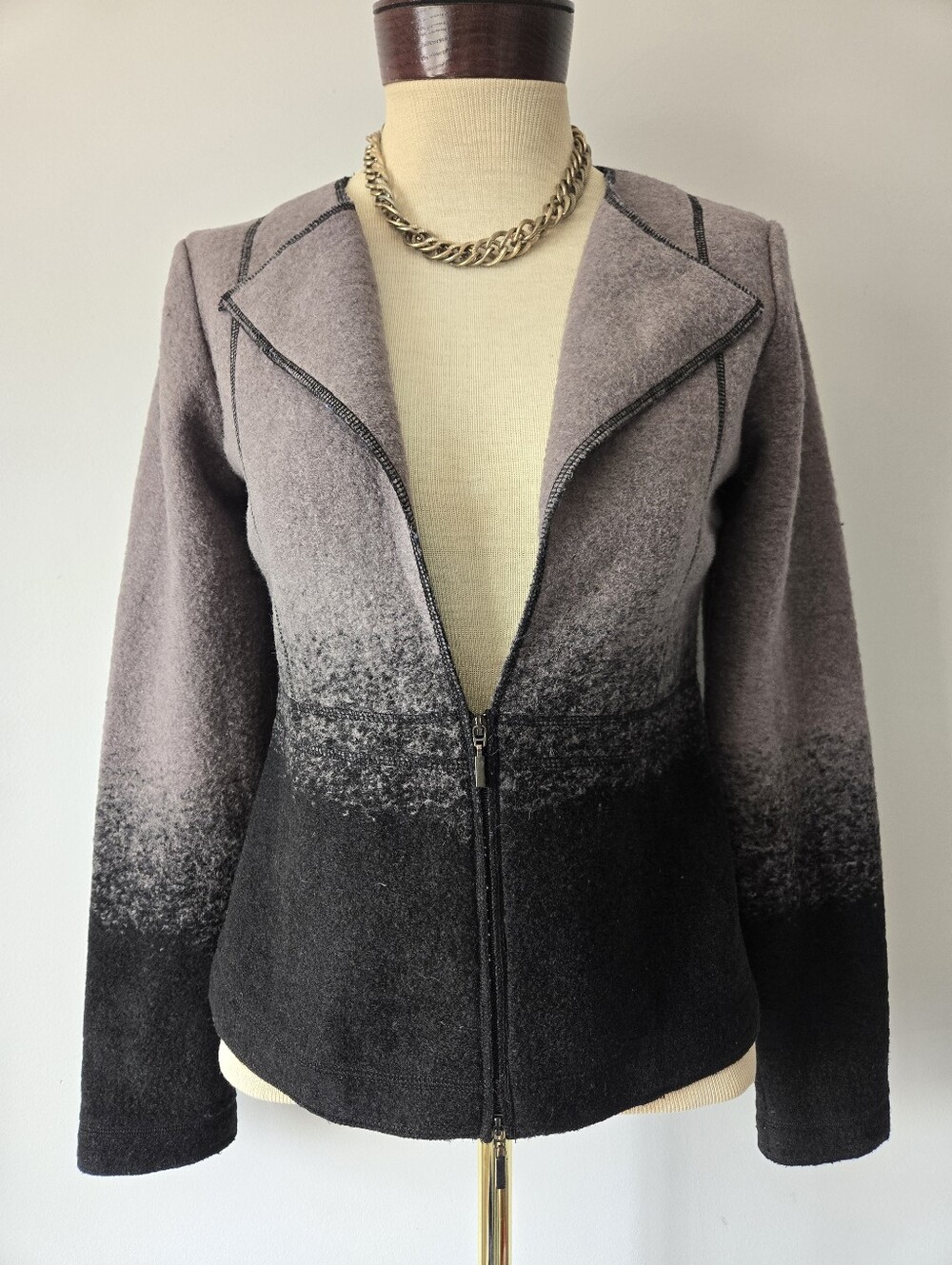 Eileen Fisher Wool Grey To Black Gradient Ombre Zip Front Jacket - Size 2